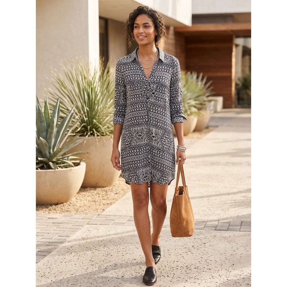 Velvet by Graham & Spencer Printed Rayon Long-Sleeve Shirt Dress – Size Medium